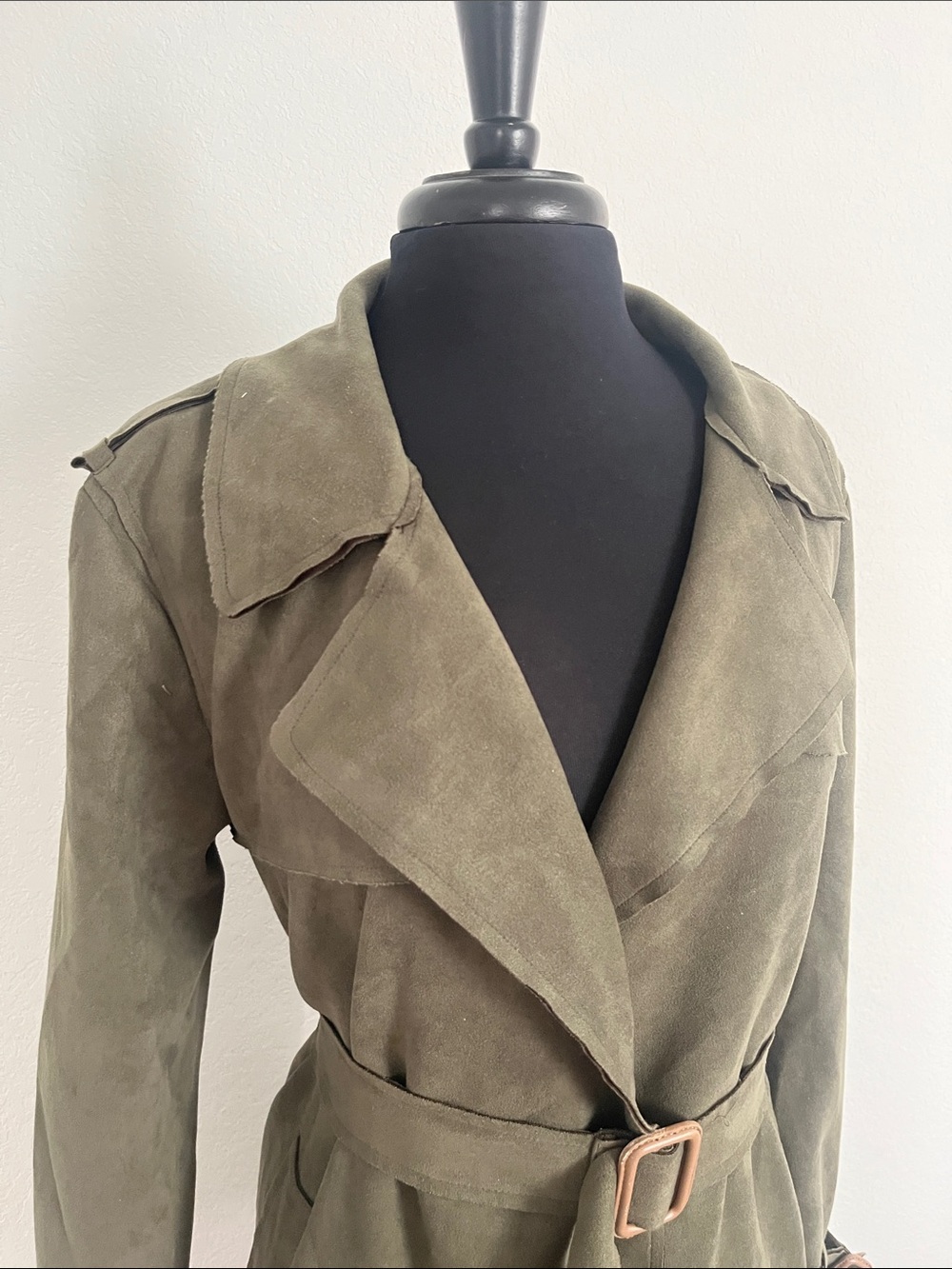 Anthropologie  Olive Green Suede Trench Coat with Belt - Picture 3 of 16